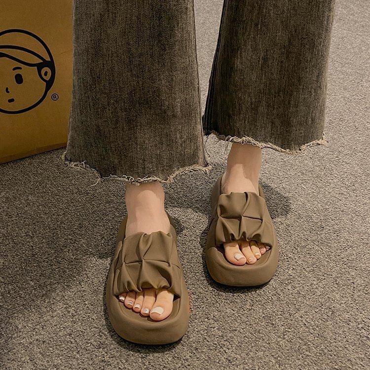 Sandals Leather Faux Plain Ruched Slide Platform
