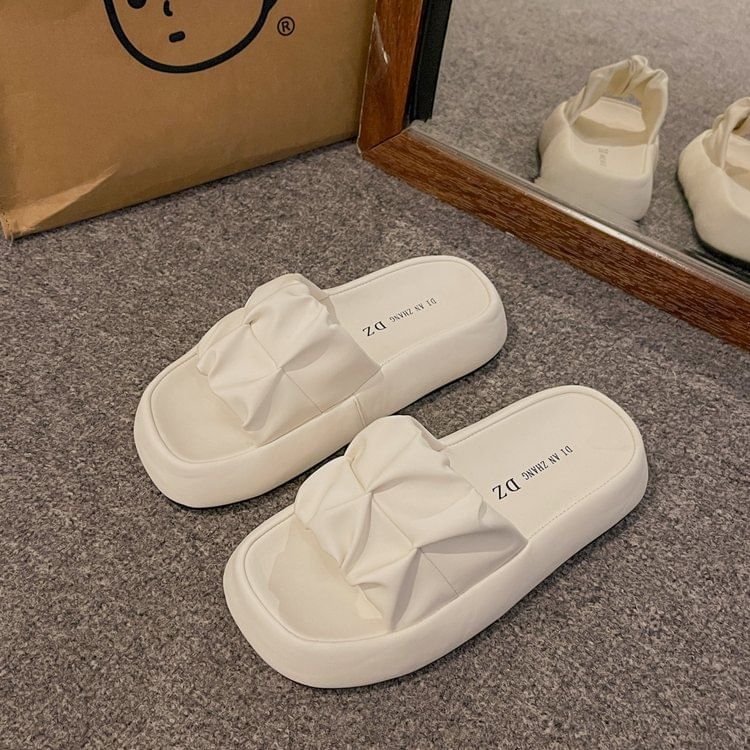Sandals Leather Faux Plain Ruched Slide Platform