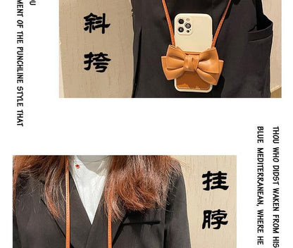 Bow Card Faux Lanyard Leather Case Holder Phone with