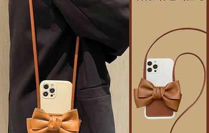 Bow Card Faux Lanyard Leather Case Holder Phone with