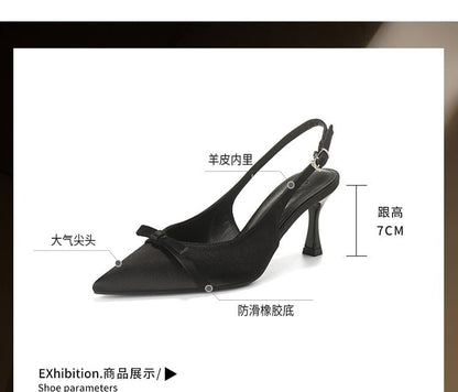 High Pointed Satin Slingback Heel Toe Sandals Bow