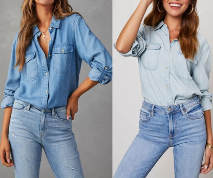 Long V-Neck Shirt Loose-Fit Denim Sleeve