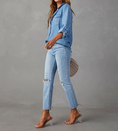 Long V-Neck Shirt Loose-Fit Denim Sleeve