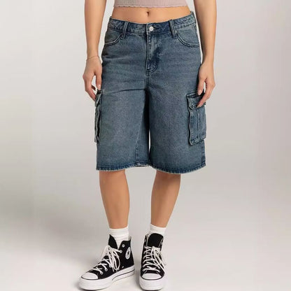 Low Waist Washed Pocket Wide-Leg Denim Shorts