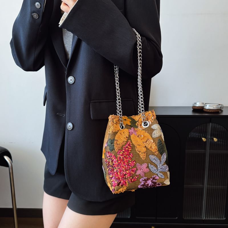 Sample Leaf Embroidered Sequin Chain Strap Bucket Bag / Studded Faux Leather Bucket Bag