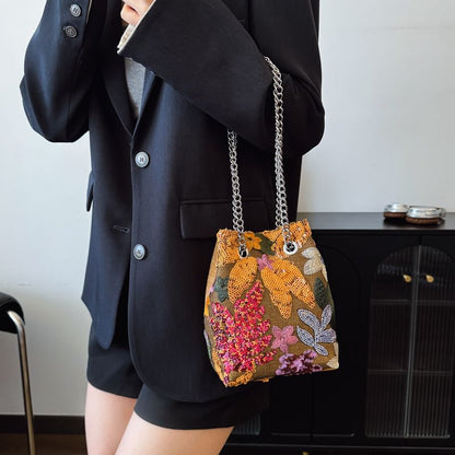 Sample Leaf Embroidered Sequin Chain Strap Bucket Bag / Studded Faux Leather Bucket Bag