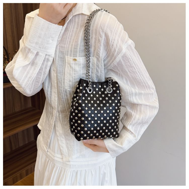 Sample Leaf Embroidered Sequin Chain Strap Bucket Bag / Studded Faux Leather Bucket Bag