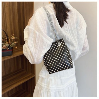 Sample Leaf Embroidered Sequin Chain Strap Bucket Bag / Studded Faux Leather Bucket Bag