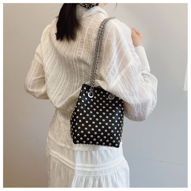 Sample Leaf Embroidered Sequin Chain Strap Bucket Bag / Studded Faux Leather Bucket Bag