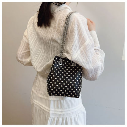 Sample Leaf Embroidered Sequin Chain Strap Bucket Bag / Studded Faux Leather Bucket Bag