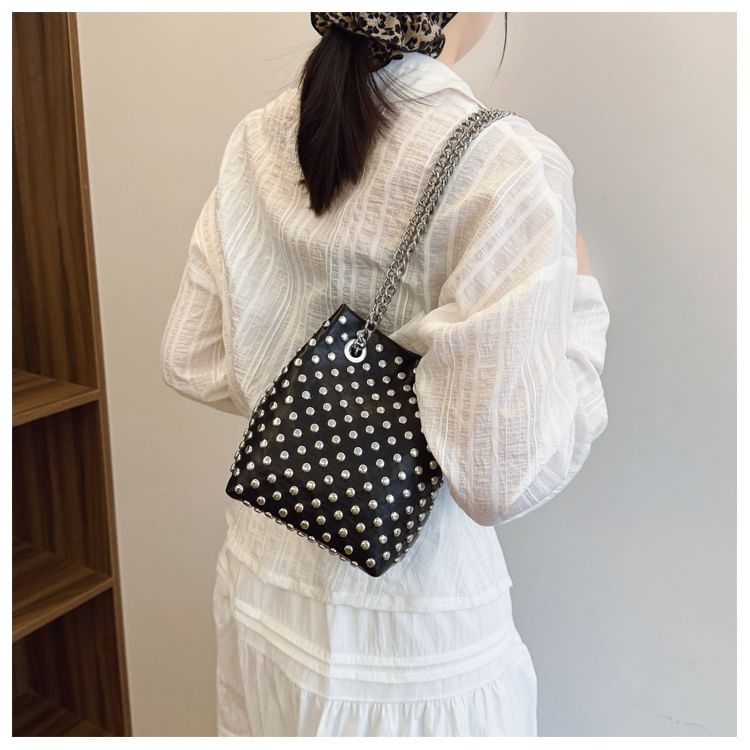 Sample Leaf Embroidered Sequin Chain Strap Bucket Bag / Studded Faux Leather Bucket Bag