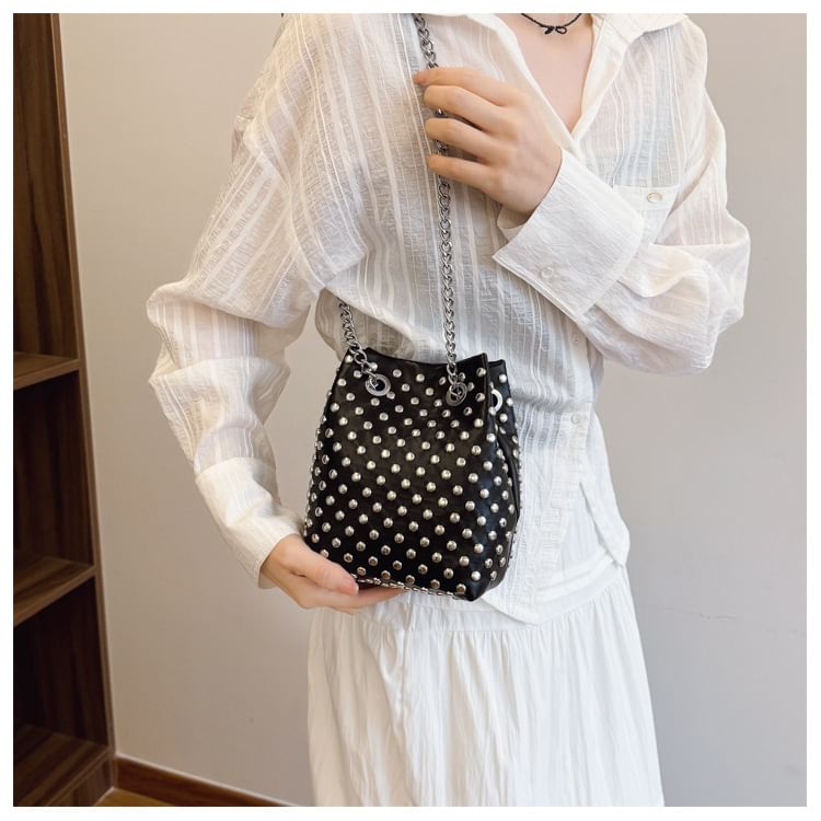 Sample Leaf Embroidered Sequin Chain Strap Bucket Bag / Studded Faux Leather Bucket Bag