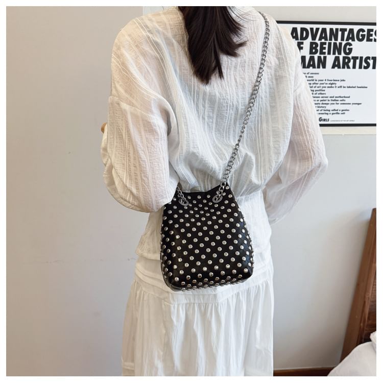 Sample Leaf Embroidered Sequin Chain Strap Bucket Bag / Studded Faux Leather Bucket Bag