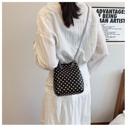 Sample Leaf Embroidered Sequin Chain Strap Bucket Bag / Studded Faux Leather Bucket Bag