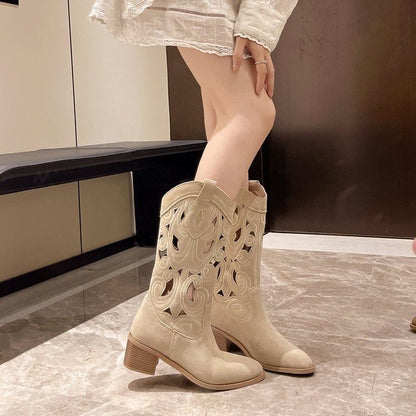 Chunky Heel Boots Cutout Embroidered Mid-Calf