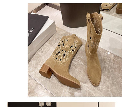 Chunky Heel Boots Cutout Embroidered Mid-Calf