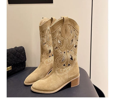 Chunky Heel Boots Cutout Embroidered Mid-Calf