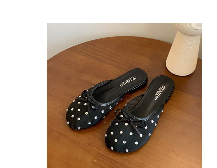 Rhinestone Mules Bow Mesh