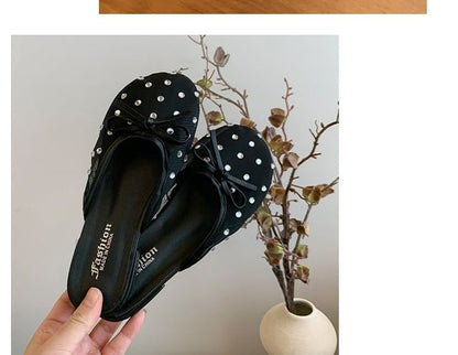 Rhinestone Mules Bow Mesh