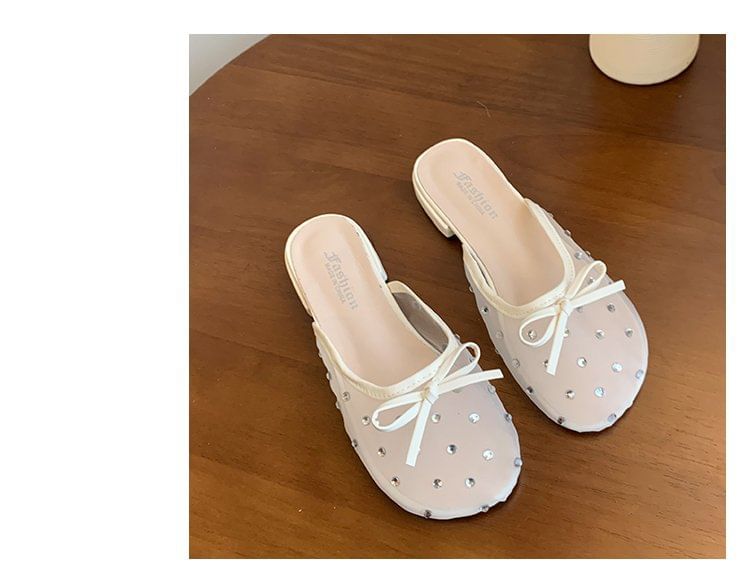 Rhinestone Mules Bow Mesh