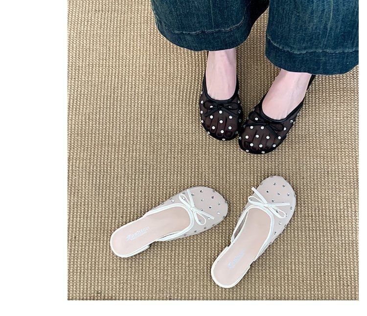 Rhinestone Mules Bow Mesh