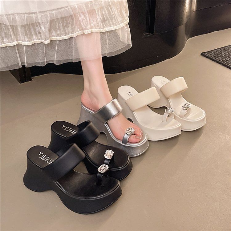 Wedge Toe Loop Sandals Platform Heel Rhinestone Slide