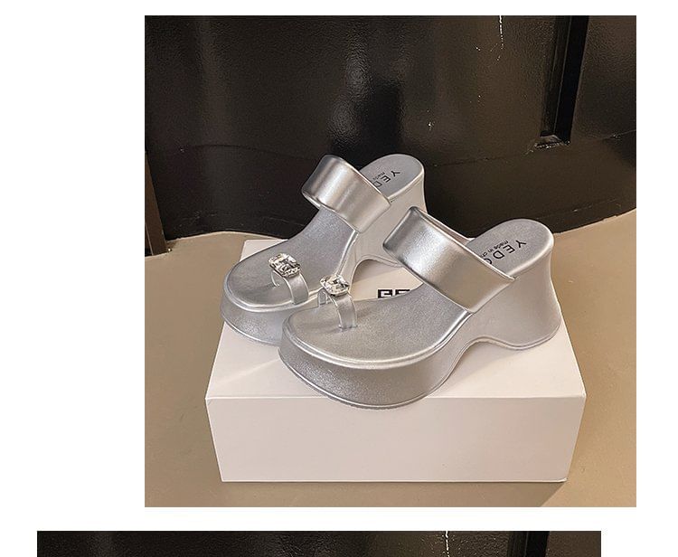 Wedge Toe Loop Sandals Platform Heel Rhinestone Slide