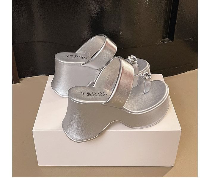 Wedge Toe Loop Sandals Platform Heel Rhinestone Slide
