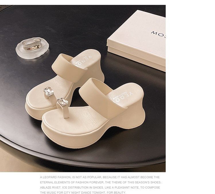 Wedge Toe Loop Sandals Platform Heel Rhinestone Slide