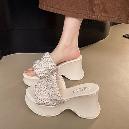 Sandals Rhinestone Slide Platform Heel Wedge