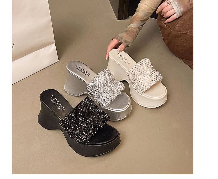 Sandals Rhinestone Slide Platform Heel Wedge
