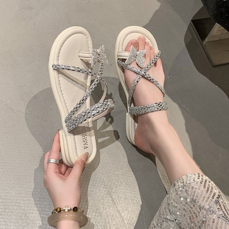 Slide Toe Sandals Criss Cross Butterfly Loop Rhinestone