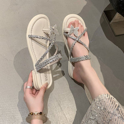 Slide Toe Sandals Criss Cross Butterfly Loop Rhinestone