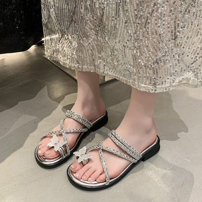 Slide Toe Sandals Criss Cross Butterfly Loop Rhinestone