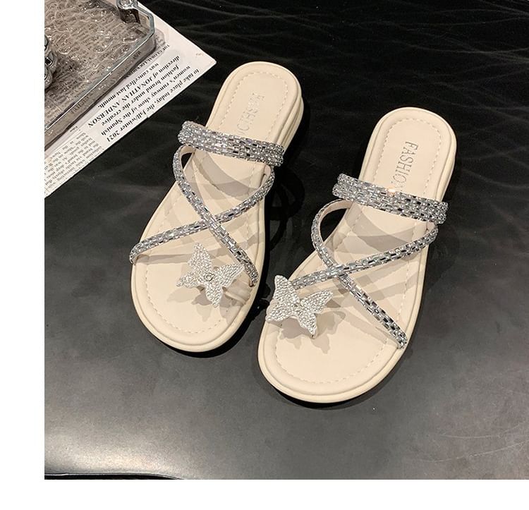 Slide Toe Sandals Criss Cross Butterfly Loop Rhinestone