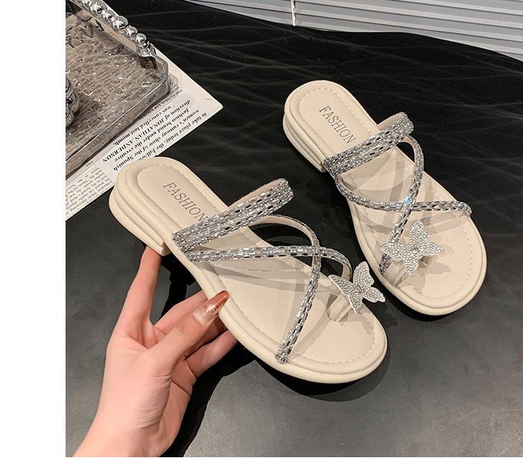Slide Toe Sandals Criss Cross Butterfly Loop Rhinestone