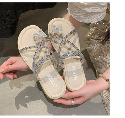 Slide Toe Sandals Criss Cross Butterfly Loop Rhinestone