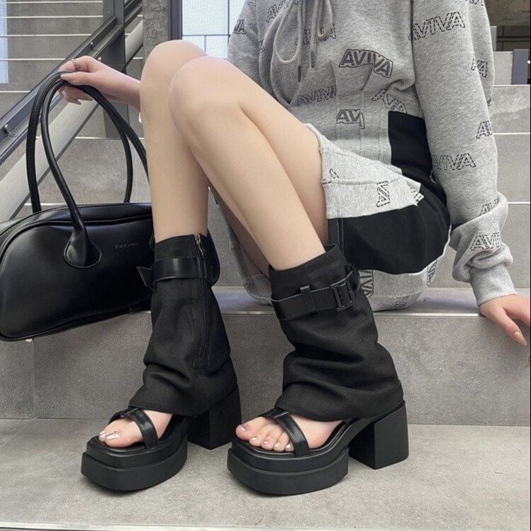 Slingback Set: Platform Chunky + Heel Leg Buckled Warmers Sandals