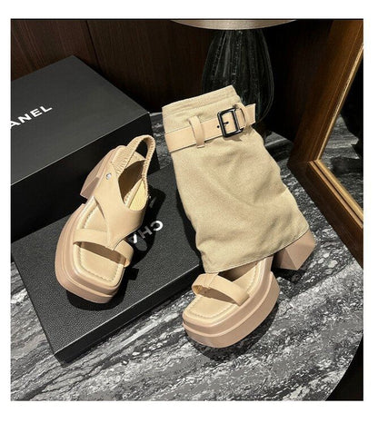 Slingback Set: Platform Chunky + Heel Leg Buckled Warmers Sandals