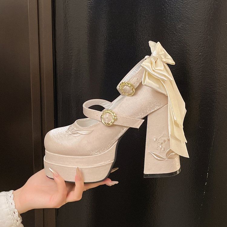 Shoes Bow Heel Mary Platform Embroidered Chunky Jane