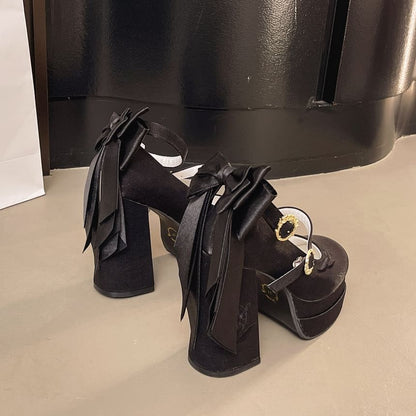 Shoes Bow Heel Mary Platform Embroidered Chunky Jane