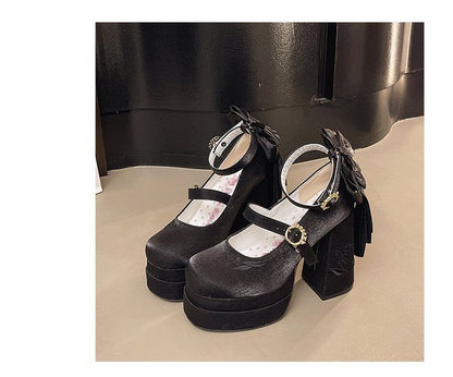 Shoes Bow Heel Mary Platform Embroidered Chunky Jane