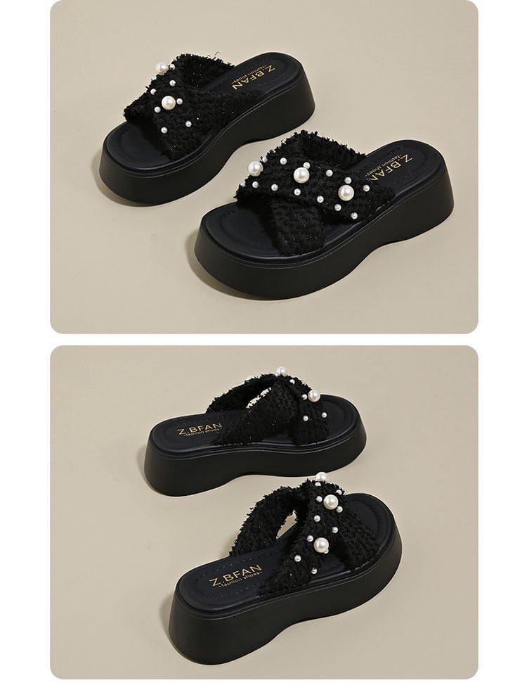 Criss Slide Platform Sandals Pearl Cross Faux