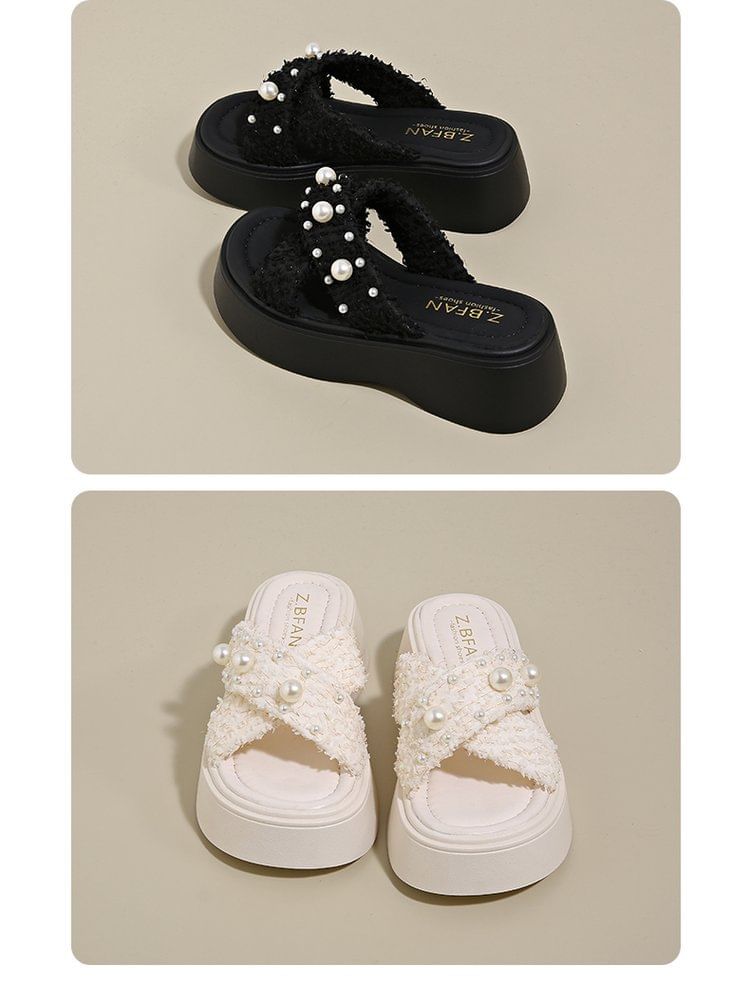 Criss Slide Platform Sandals Pearl Cross Faux