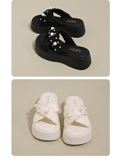 Criss Slide Platform Sandals Pearl Cross Faux