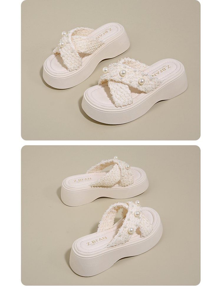 Criss Slide Platform Sandals Pearl Cross Faux
