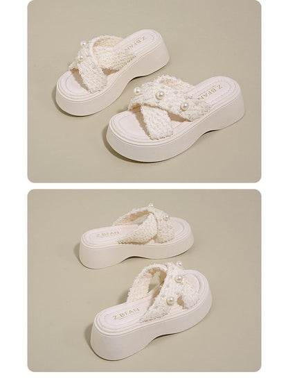 Criss Slide Platform Sandals Pearl Cross Faux