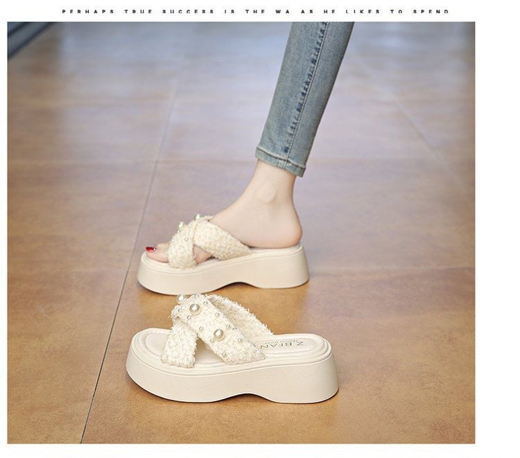 Criss Slide Platform Sandals Pearl Cross Faux