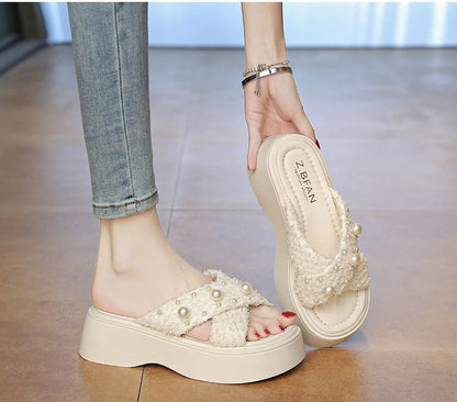 Criss Slide Platform Sandals Pearl Cross Faux