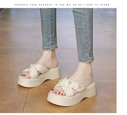 Criss Slide Platform Sandals Pearl Cross Faux